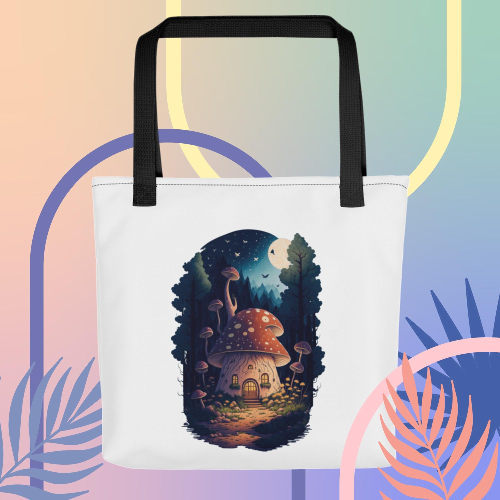 Adorit's Enchanted Mushroom House Black Colored Handles Tote bag | By PhilanthroBit