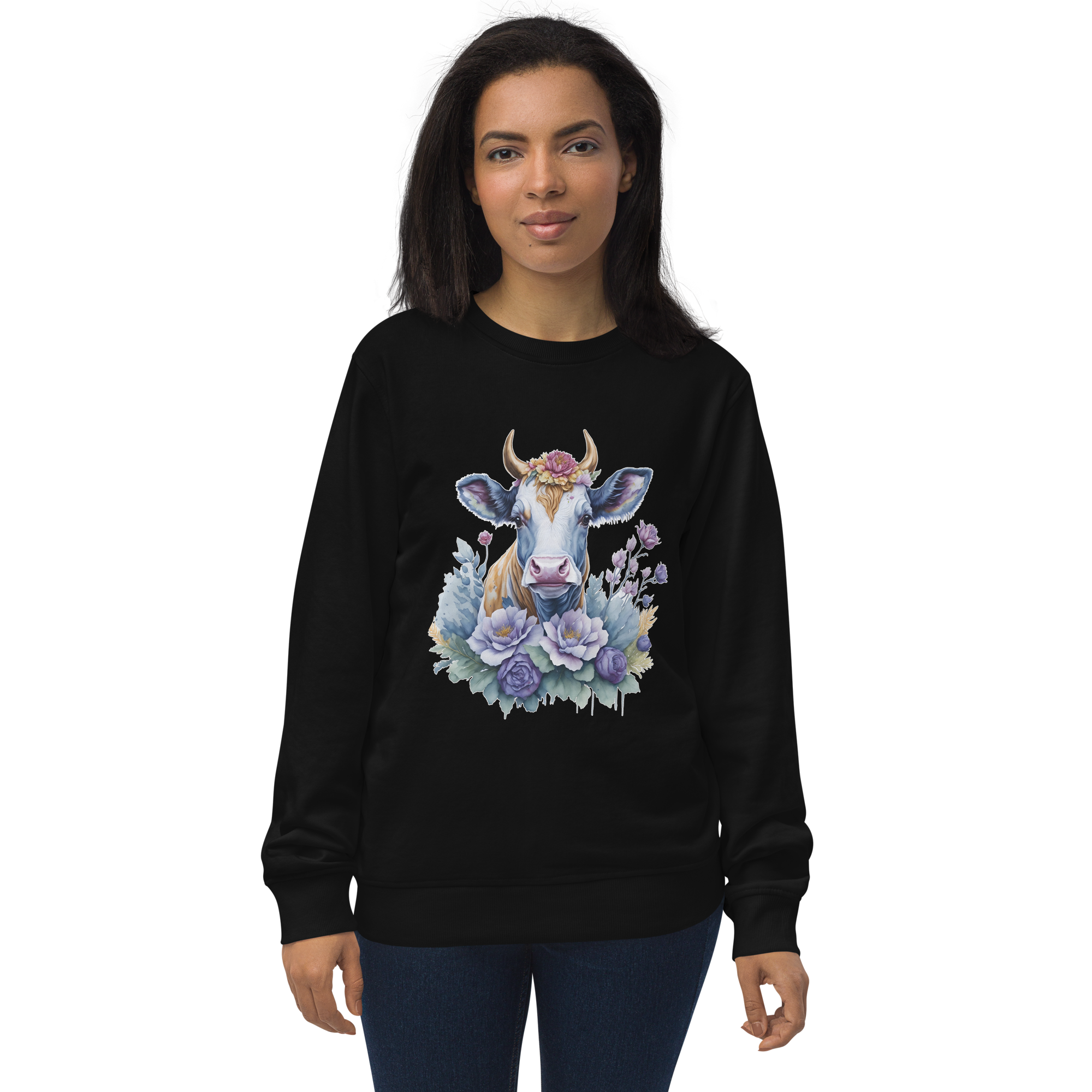 Adorit's Flowery Pasture Queen (cow) Unisex Eco black organic sweatshirt - front | By PhilanthroBit