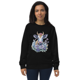Adorit's Flowery Pasture Queen (cow) Unisex Eco black organic sweatshirt - front | By PhilanthroBit