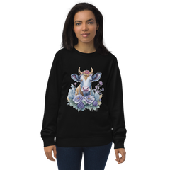 Adorit's Flowery Pasture Queen (cow) Unisex Eco black organic sweatshirt - front | By PhilanthroBit