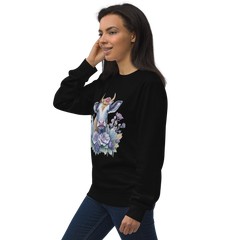 Adorit's Flowery Pasture Queen (cow) Unisex Eco black organic sweatshirt - left front | By PhilanthroBit