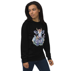 Adorit's Flowery Pasture Queen (cow) Unisex Eco black organic sweatshirt - right front | By PhilanthroBit