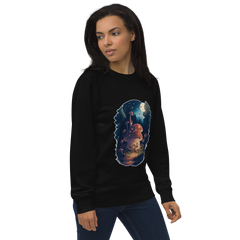 Adorit's Enchanted Mushroom House Unisex organic black sweatshirt - right front | By PhilanthroBit