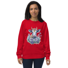 Adorit's Flowery Pasture Queen (cow) Unisex Eco red organic sweatshirt - front | By PhilanthroBit