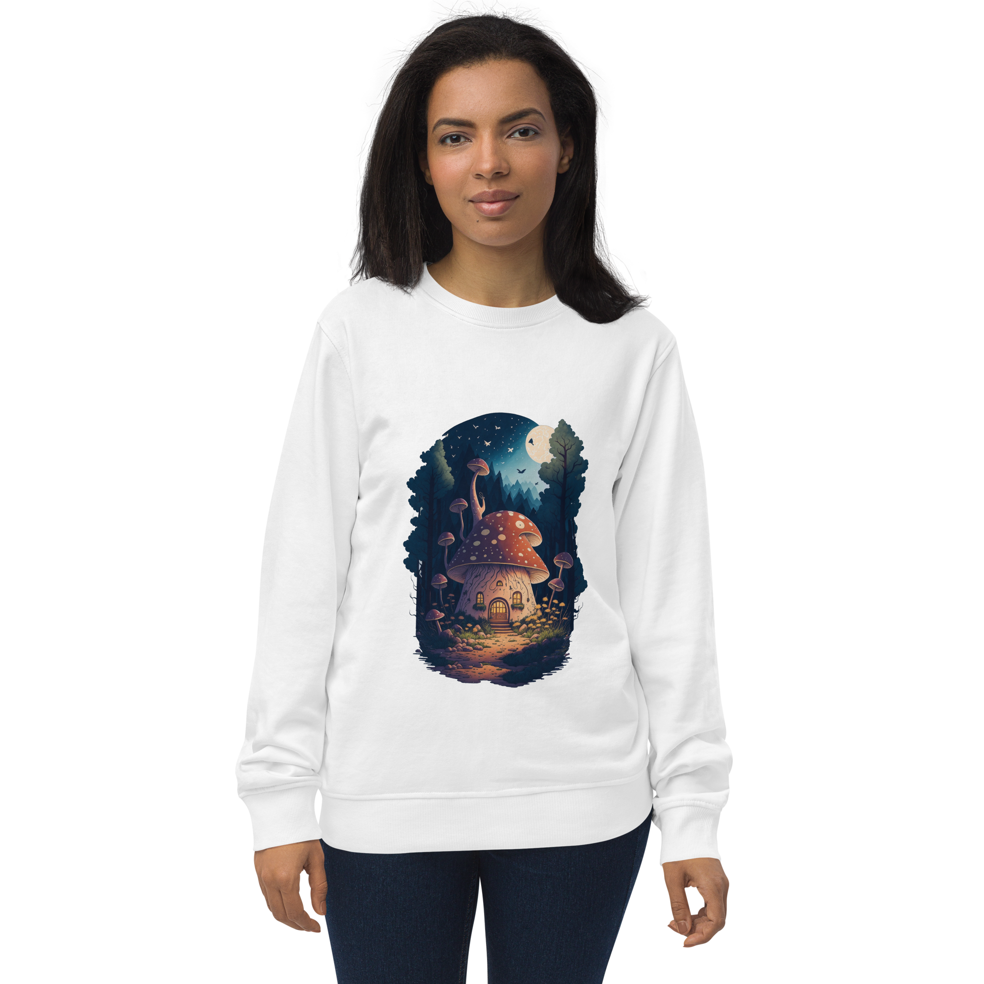 Adorit's Enchanted Mushroom House Unisex organic white sweatshirt - front | By PhilanthroBit