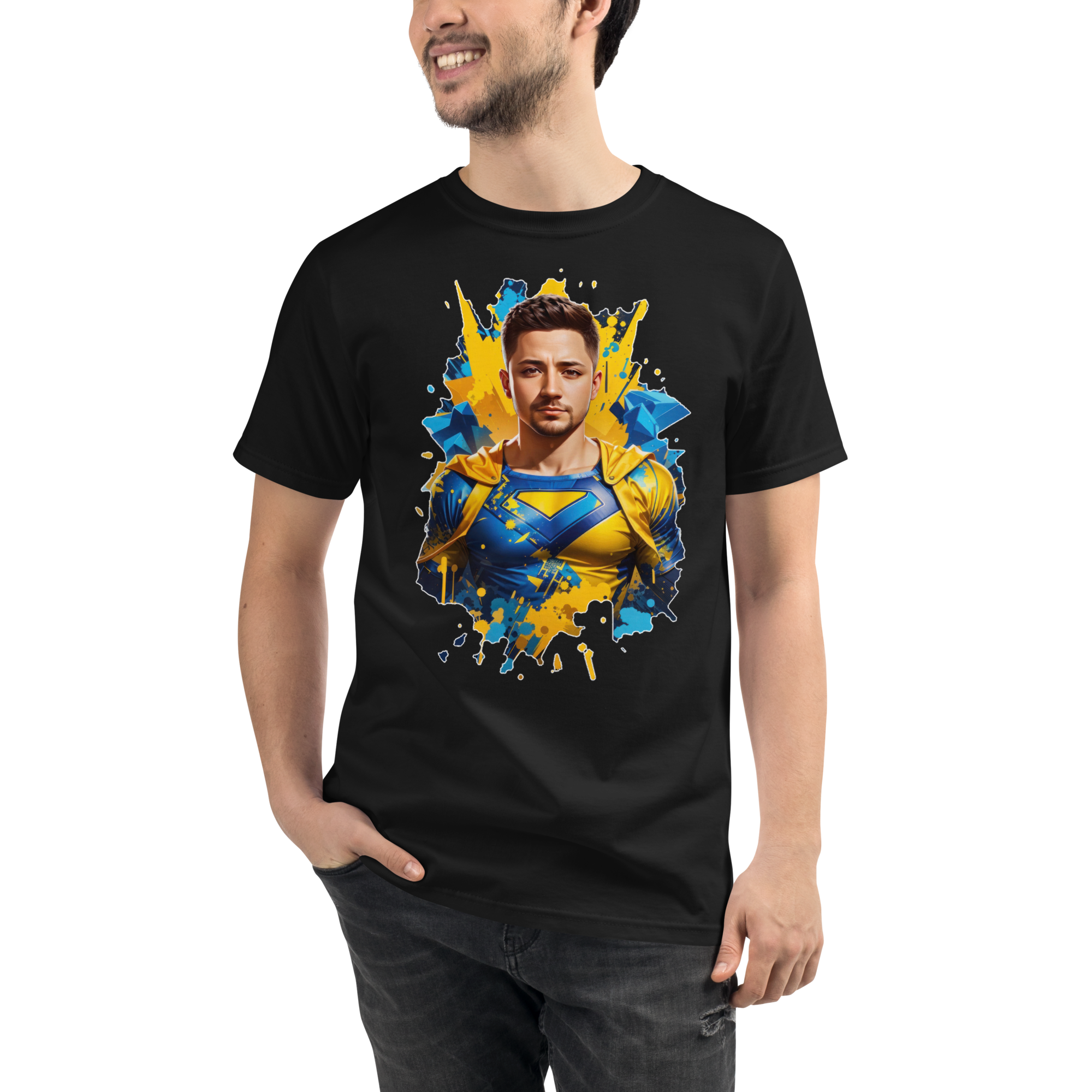 PhilanthroBit's Volodymyr Zelenskyy as Super Hero Depiction - back front | 100% Organic T-Shirt