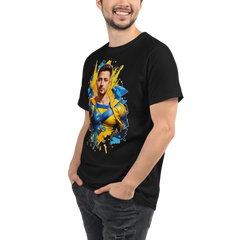 PhilanthroBit's Volodymyr Zelenskyy as Super Hero Depiction - black left front | 100% Organic T-Shirt