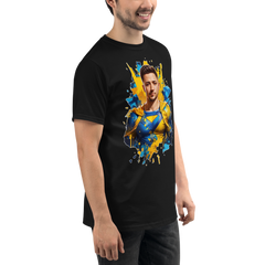 PhilanthroBit's Volodymyr Zelenskyy as Super Hero Depiction - black right front | 100% Organic T-Shirt