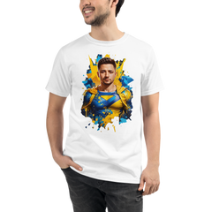 PhilanthroBit's Volodymyr Zelenskyy as Super Hero Depiction - white front | 100% Organic T-Shirt