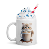 Adorit's Adorable Kitten Drinking Coffee 11oz White glossy mug with cream | By PhilanthroBit