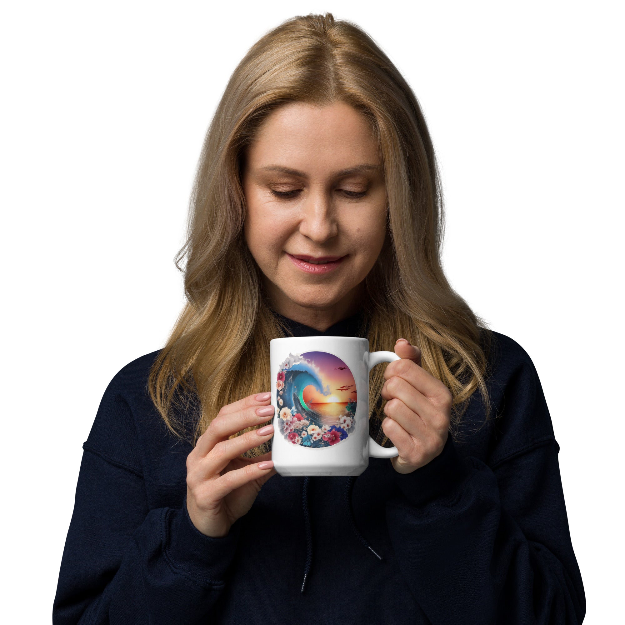 PhilanthroBit's Majestic Ocean Sunset 15 oz White glossy mug - woman