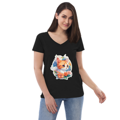 Adorit's Adorable Kitten Women’s 100% Recycled black Eco v-neck t-shirt - front 2 | By PhilanthroBit