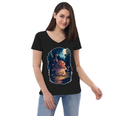 Adorit's Enchanted Mushroom House Women’s Eco black recycled v-neck t-shirt - front 2 | By PhilanthroBit