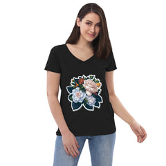 Adorit's Gardenias Bouquet Women’s recycled Black Eco v-neck t-shirt - front 2 | By PhilanthroBit