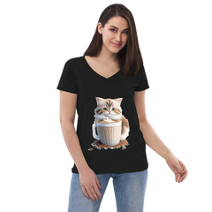 Adorit's Adorable Kitten Drinking Coffee Women’s 100% recycled black v-neck t-shirt - front 3 | By PhilanthroBit