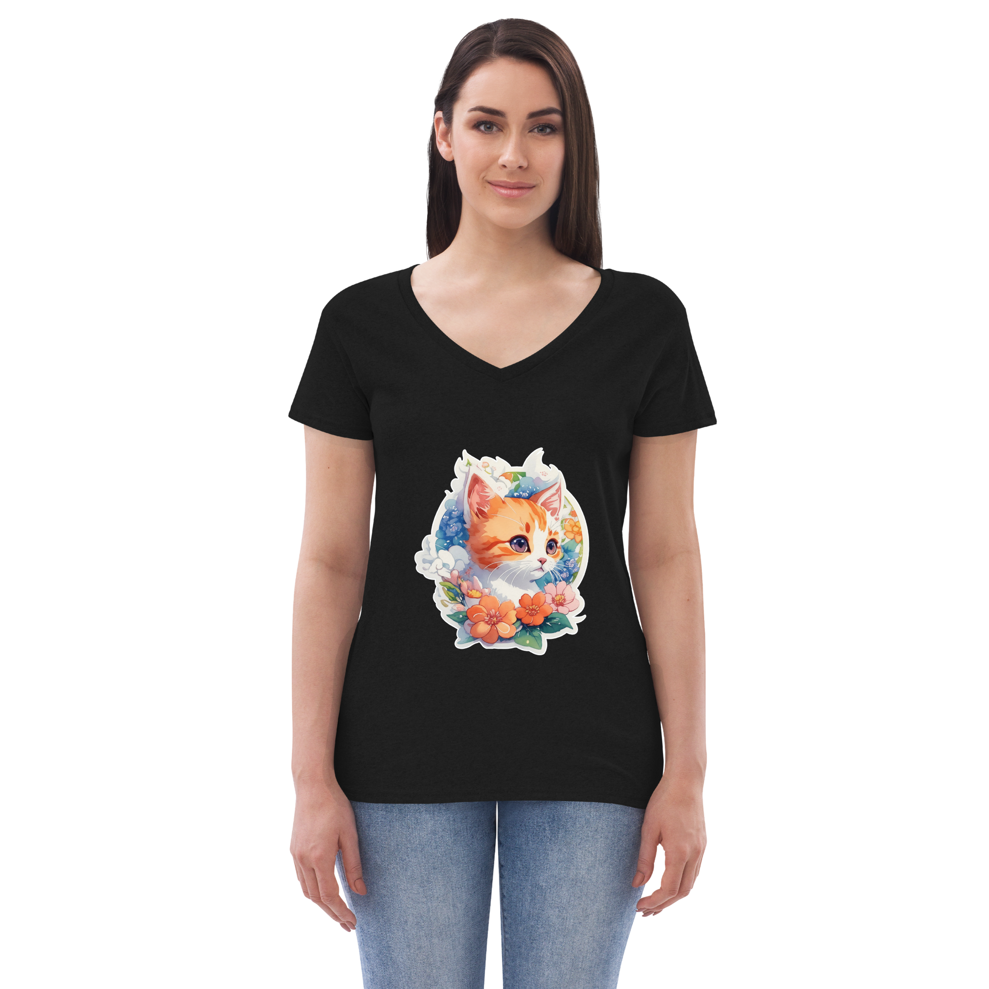 Adorit's Adorable Kitten Women’s 100% Recycled black Eco v-neck t-shirt - front | By PhilanthroBit