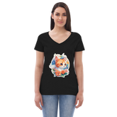 Adorit's Adorable Kitten Women’s 100% Recycled black Eco v-neck t-shirt - front | By PhilanthroBit