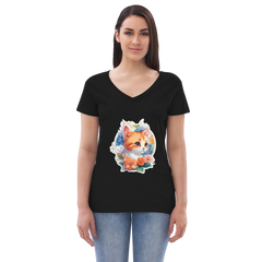 Adorit's Adorable Kitten Women’s 100% Recycled black Eco v-neck t-shirt - front | By PhilanthroBit