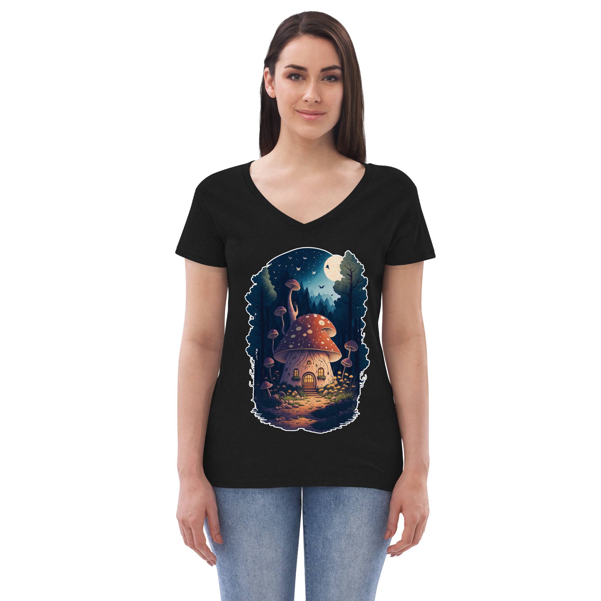 Adorit's Enchanted Mushroom House Women’s Eco black recycled v-neck t-shirt - front | By PhilanthroBit