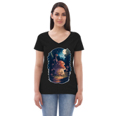Adorit's Enchanted Mushroom House Women’s Eco black recycled v-neck t-shirt - front | By PhilanthroBit