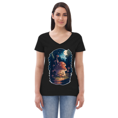Adorit's Enchanted Mushroom House Women’s Eco black recycled v-neck t-shirt - front | By PhilanthroBit