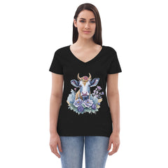 Adorit's Flowery Cow Queen Women’s recycled black v-neck t-shirt - front | By PhilanthroBit