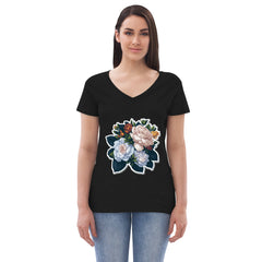 Adorit's Gardenias Bouquet Women’s recycled Black Eco v-neck t-shirt - front | By PhilanthroBit
