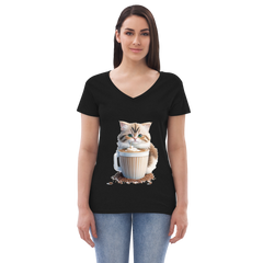 Adorit's Adorable Kitten Drinking Coffee Women’s 100% recycled black v-neck t-shirt - front 2 | By PhilanthroBit