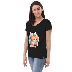 Adorit's Adorable Kitten Women’s 100% Recycled black Eco v-neck t-shirt - left front | By PhilanthroBit