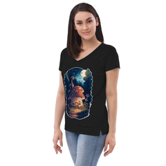 Adorit's Enchanted Mushroom House Women’s Eco black recycled v-neck t-shirt - left front | By PhilanthroBit