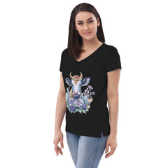 Adorit's Flowery Cow Queen Women’s recycled black v-neck t-shirt - left front | By PhilanthroBit