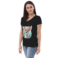 Adorit's Adorable Fawn (deer) with Flowers Eco Women’s 100% recycled black v-neck t-shirt - left front