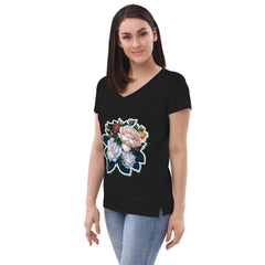 Adorit's Gardenias Bouquet Women’s recycled Black Eco v-neck t-shirt - left front | By PhilanthroBit