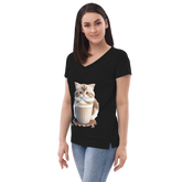 Adorit's Adorable Kitten Drinking Coffee Women’s 100% recycled black v-neck t-shirt - front | By PhilanthroBit