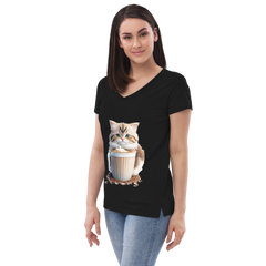 Adorit's Adorable Kitten Drinking Coffee Women’s 100% recycled black v-neck t-shirt - front | By PhilanthroBit
