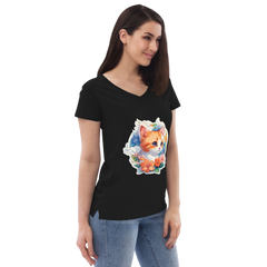 Adorit's Adorable Kitten Women’s 100% Recycled black Eco v-neck t-shirt - fright ront | By PhilanthroBit