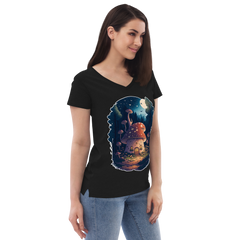 Adorit's Enchanted Mushroom House Women’s Eco black recycled v-neck t-shirt - right front | By PhilanthroBit