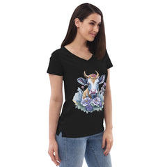 Adorit's Flowery Cow Queen Women’s recycled black v-neck t-shirt - right front | By PhilanthroBit
