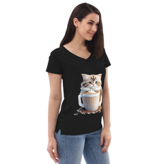 Adorit's Adorable Kitten Drinking Coffee Women’s 100% recycled black v-neck t-shirt - right front | By PhilanthroBit