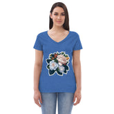 Adorit's Gardenias Bouquet Women’s recycled Blue Heather Eco v-neck t-shirt - front | By PhilanthroBit