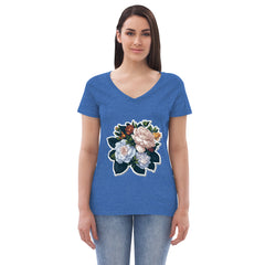 Adorit's Gardenias Bouquet Women’s recycled Blue Heather Eco v-neck t-shirt - front | By PhilanthroBit
