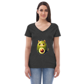 Adorit's Avocat (Avocado-Cat) Women’s 100% recycled v-neck t-shirt - charcoal heather grey front | By PhilanthroBit