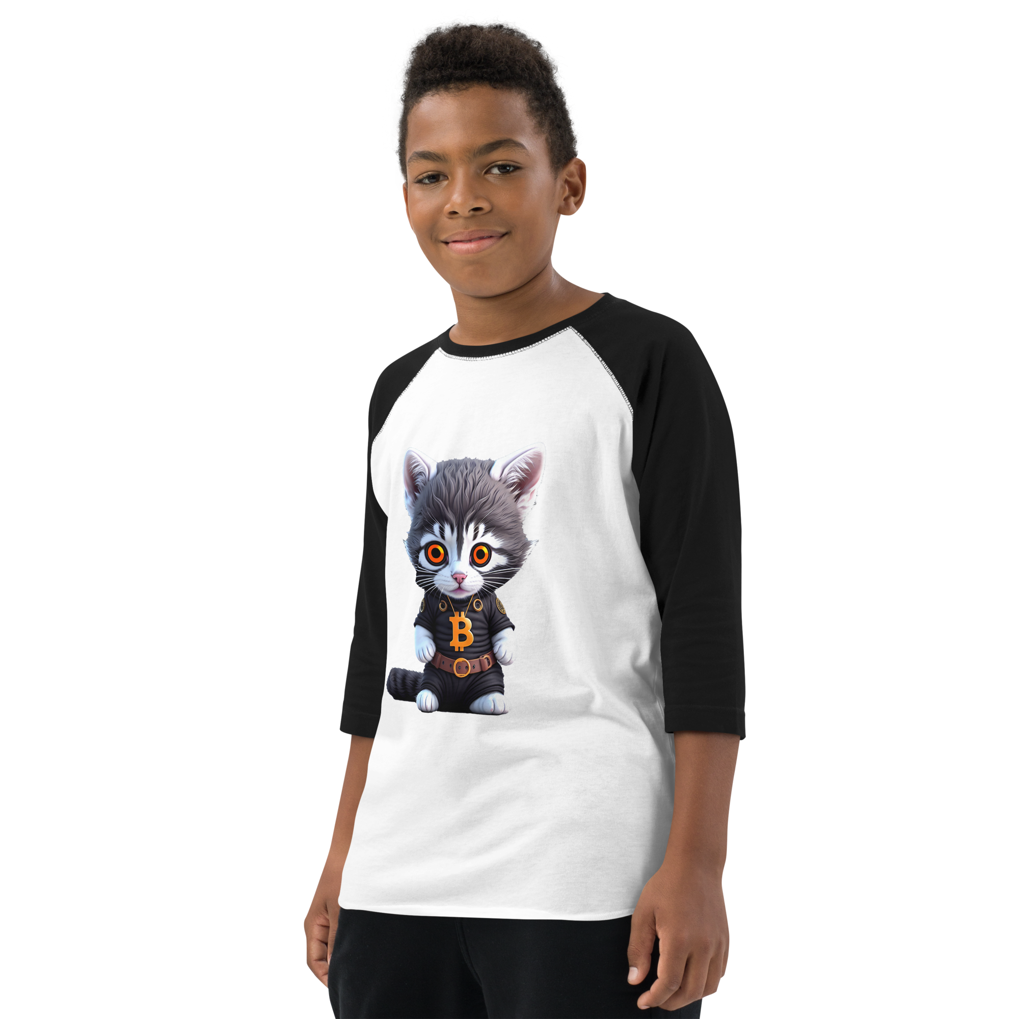 PhilanthroBit's Cool Bitcoin Cat Youth baseball shirt - left front