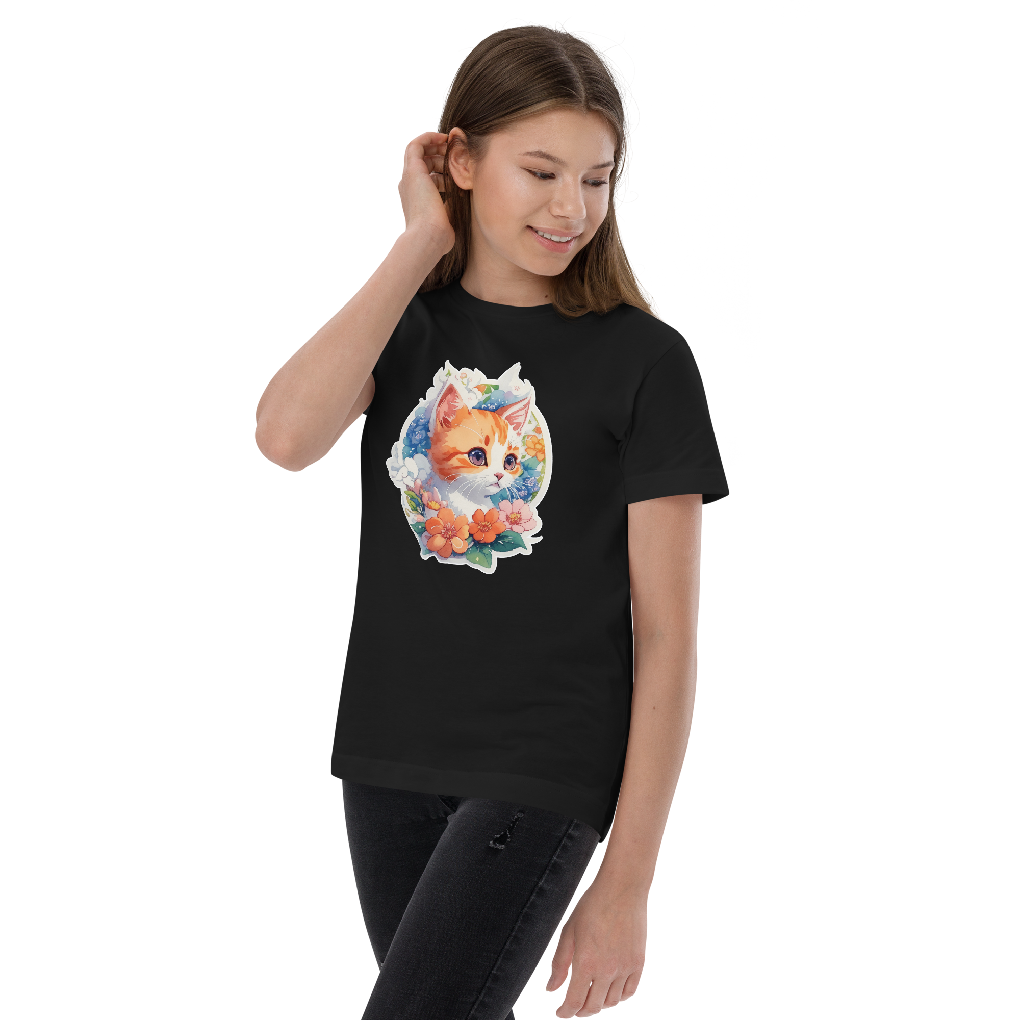 PhilanthroBit's Cute Kitten with Flowers Black Youth jersey t-shirt - left front