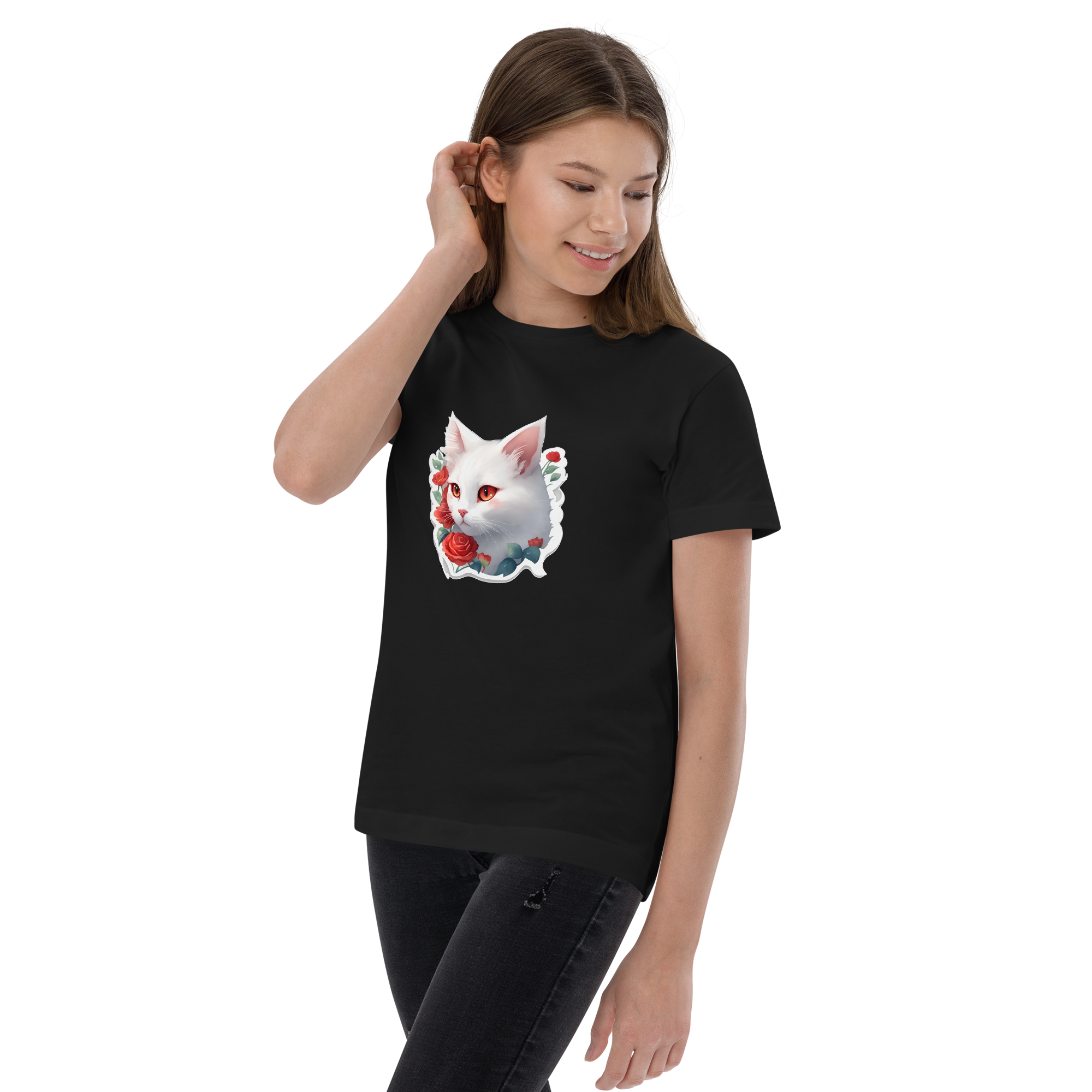 PhilanthroBit's White Kitten Black Youth jersey t-shirt- left front