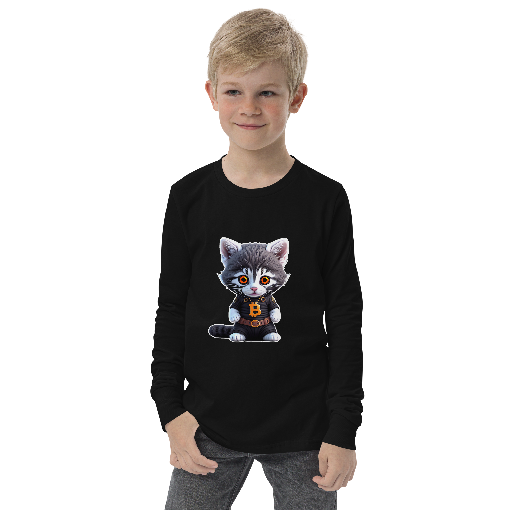 PhilanthroBit's Cool Bitcoin Cat Youth black long sleeve tee shirt