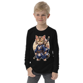 KyoFit Samurai Warrior Cat Youth martial arts themed black long sleeve tee - front | By PhilanthroBit