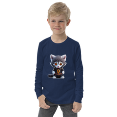 PhilanthroBit's Cool Bitcoin Cat Youth navy blue long sleeve tee shirt