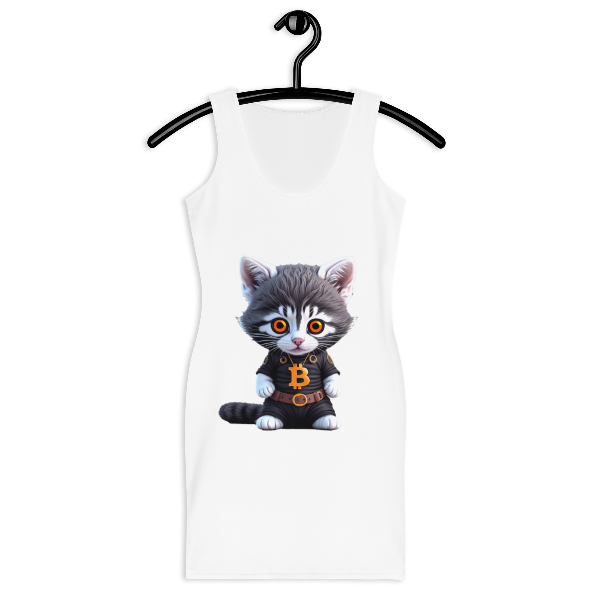 PhilanthroBit's Cool Bitcoin Cat Sublimation Cut & Sew Dress - front on hanger