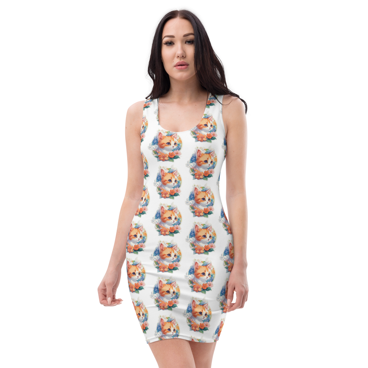 PhilanthroBit's Adorable Kitten with Flowers Pattern Sublimation Cut & Sew Dress - front